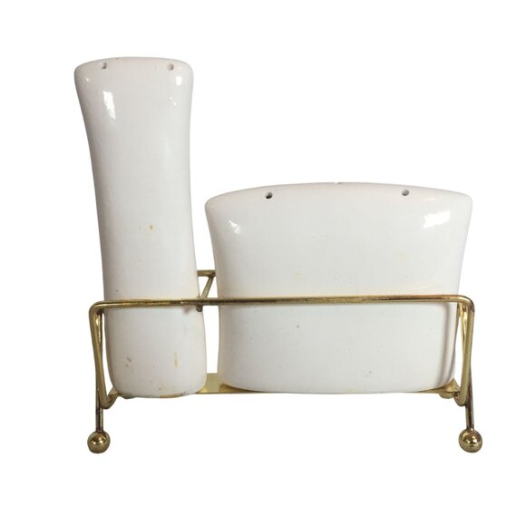 VTG MCM Ceramic Salt & Pepper Shakers With Gold Metal Stand Japan - Picture 4 of 13